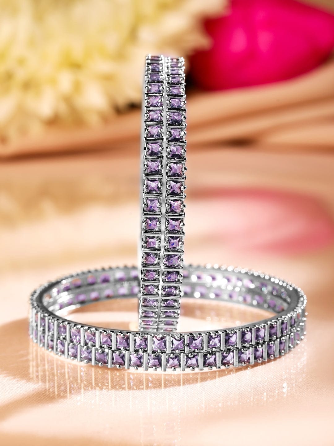Rubans Set of 4 Rhodium-Plated Lavender Cubic Zirconia Studded Handcrafted Premium Bangles 2.8 - Large