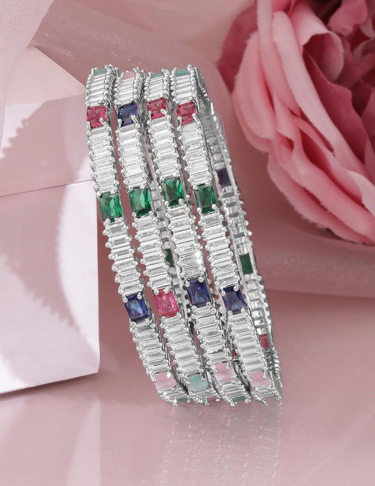 Rubans Set of 4 Rhodium-Plated Multicolor AD and Cubic Zirconia Studded Premium Bangles 2.6 - Medium