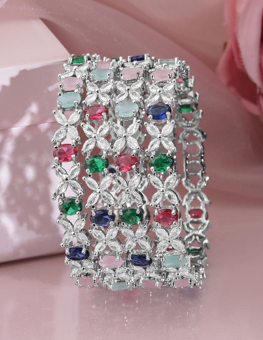Rubans Set of 4 Rhodium-Plated Multicolor AD & CubicZirconia Studded Floral Design Bangles 2.4 - Small