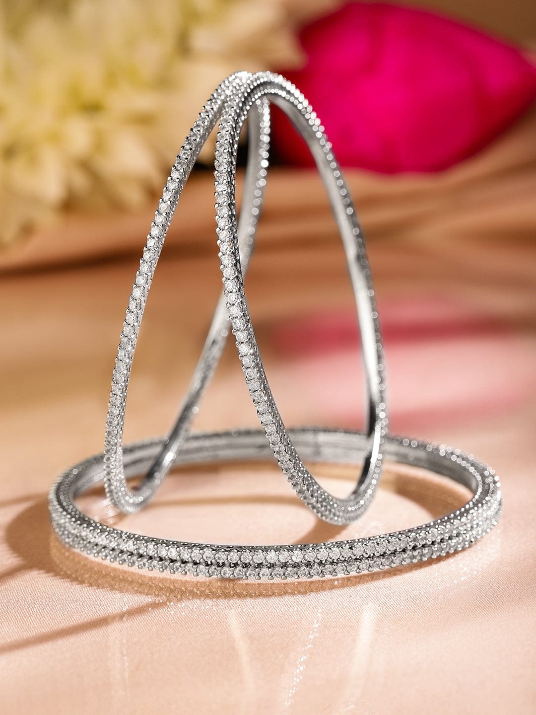Rubans Set of 4 Rhodium-Plated Sparkling White Cubic Zirconia Stones Handcrafted Premium Bangles 2.8 - Large