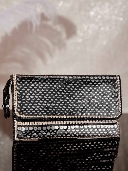 Rubans Silver Colour Clutch With Black Embroided Design. Silver