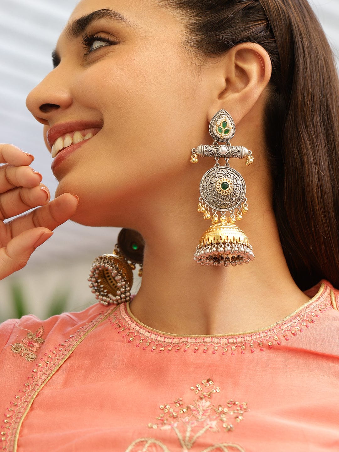 Emerald Glory Oxidised Jhumka Earrings フリーサイズ