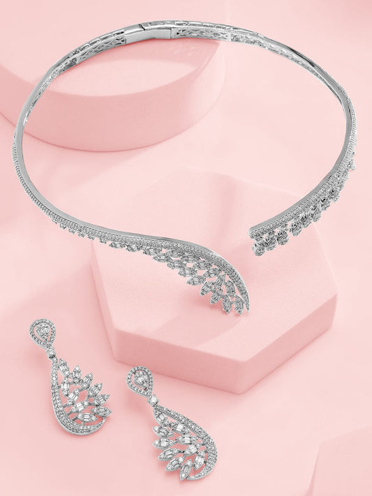 American Diamond Zirconia Leaf Cluster Choker Set フリーサイズ