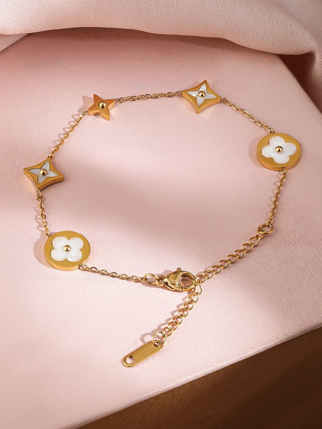 Rubans Voguish 18K Gold-Plated Stainless Steel Tarnish-Free Waterproof Floral Charm Bracelet Gold