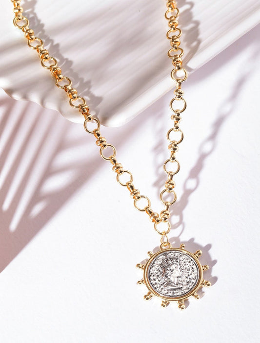 【Rubans】 22K Gold Plated Link Chain Sunburst Charm Statement Necklace|22Kゴールドメッキ リンクチェーン サンバースト チャーム ステートメントネックレス