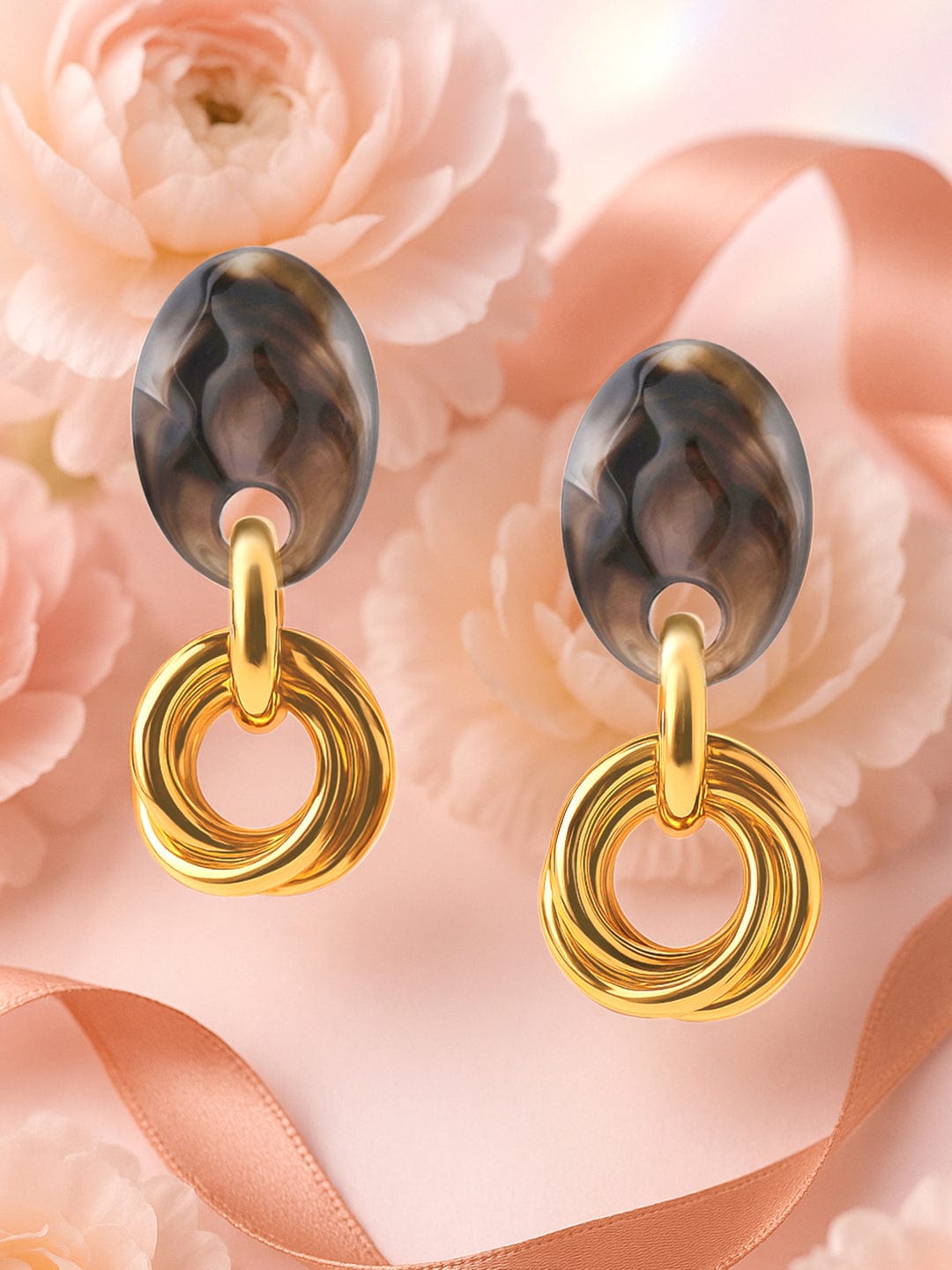 【Rubans】 Voguish Gold Plated Brown Marble Finish Western Earrings|ヴォーギッシュ ゴールドメッキ ブラウン マーブル ウエスタン イヤリング