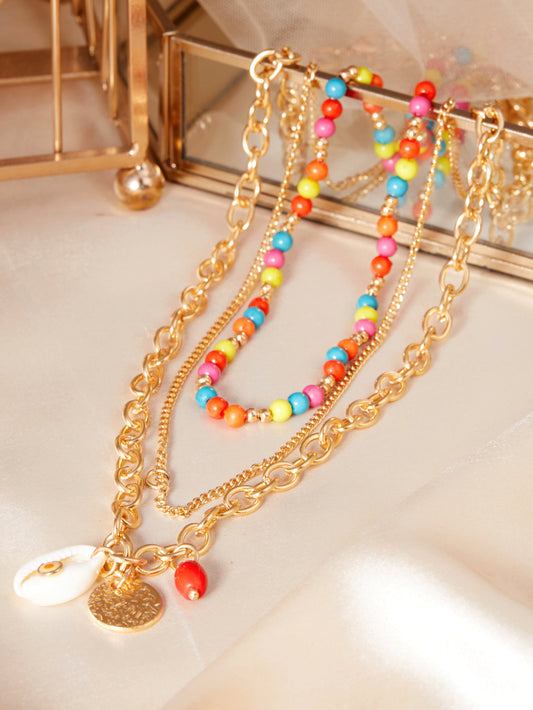【Rubans】 Voguish Gold-Toned Multicolour Beaded Layered Necklace Set of 3|ヴォーギッシュ ゴールドトーン マルチカラービーズ レイヤードネックレス 3本セット