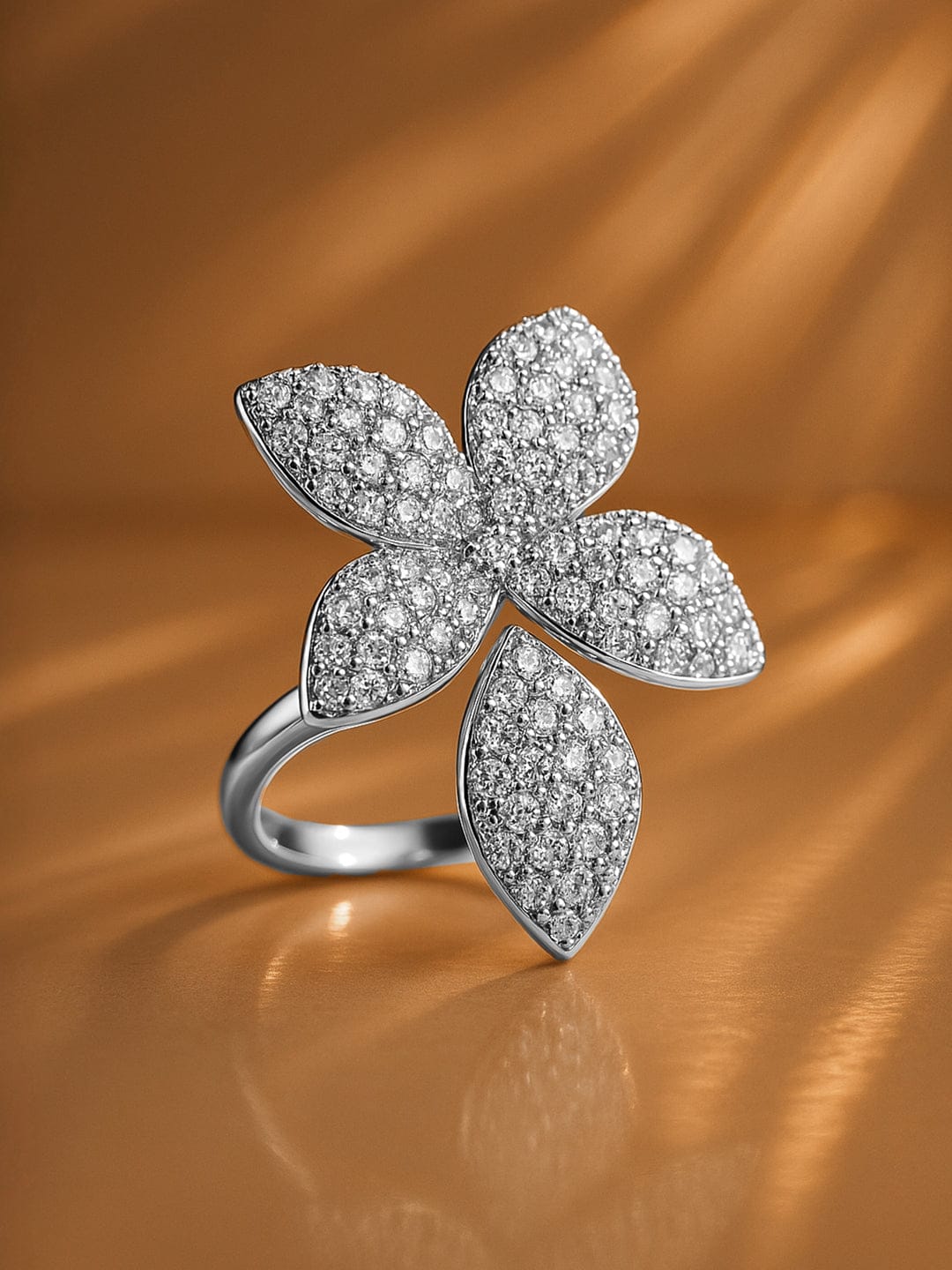 【Rubans】 Voguish Rhodium Plated Stainless Steel Floral CZ Adjustable Ring|ヴォーギッシュ ロジウムメッキ ステンレス フローラル ジルコニア リング