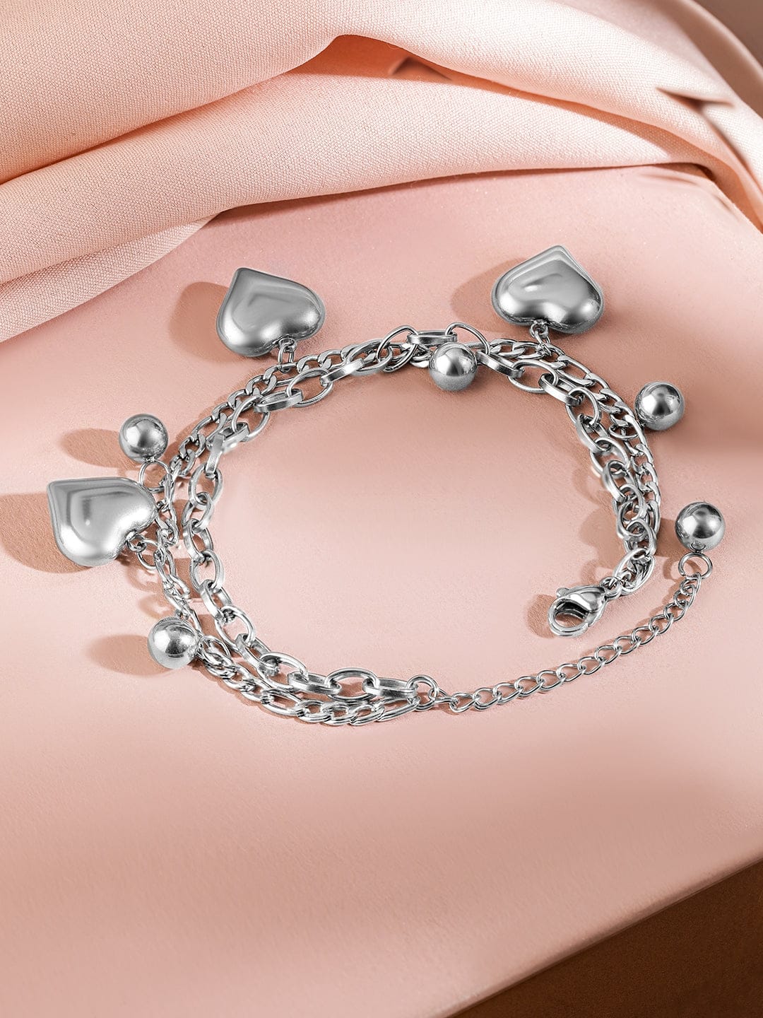 Chunky Heart Charm Statement Bracelet Silver