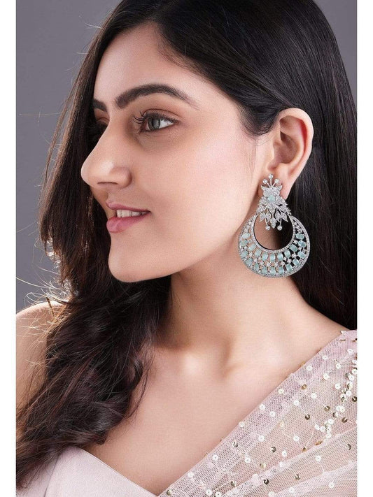 Rubans Zircon Studded Handcrafted Silver Plated Floral Statement Chandbali Earrings Silver