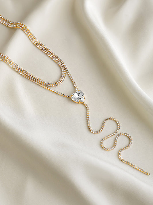 Crystal Studded Layered Heart Necklace Silver
