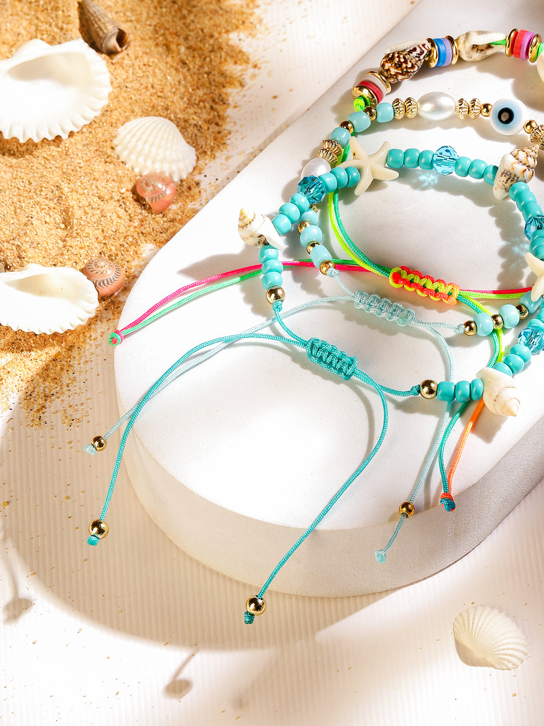 【Rubans】 Set of 3 Adjustable Cord Anklets in Aqua & Multicolor with Shell Beads & Evil Eye|アジャスタブル コードアンクレット 3本セット アクア&マルチカラー(シェルビーズ&イービルアイ)|フリーサイズ