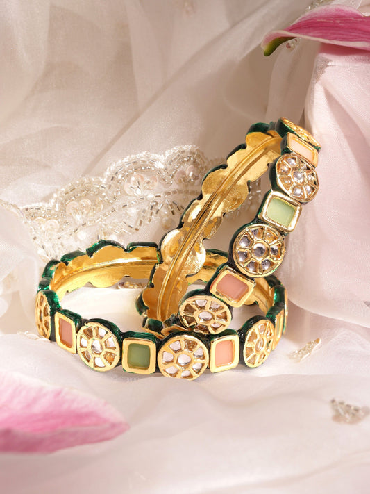 Rubans Set of 2, 22K Gold plated Kundan crystal with pastel beaded handcrafted regal statement bangle 2.8 - Large
