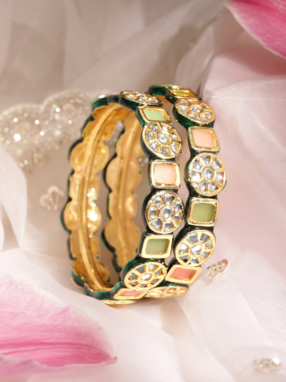 Rubans Set of 2, 22K Gold plated Kundan crystal with pastel beaded handcrafted regal statement bangle 2.8 - Large