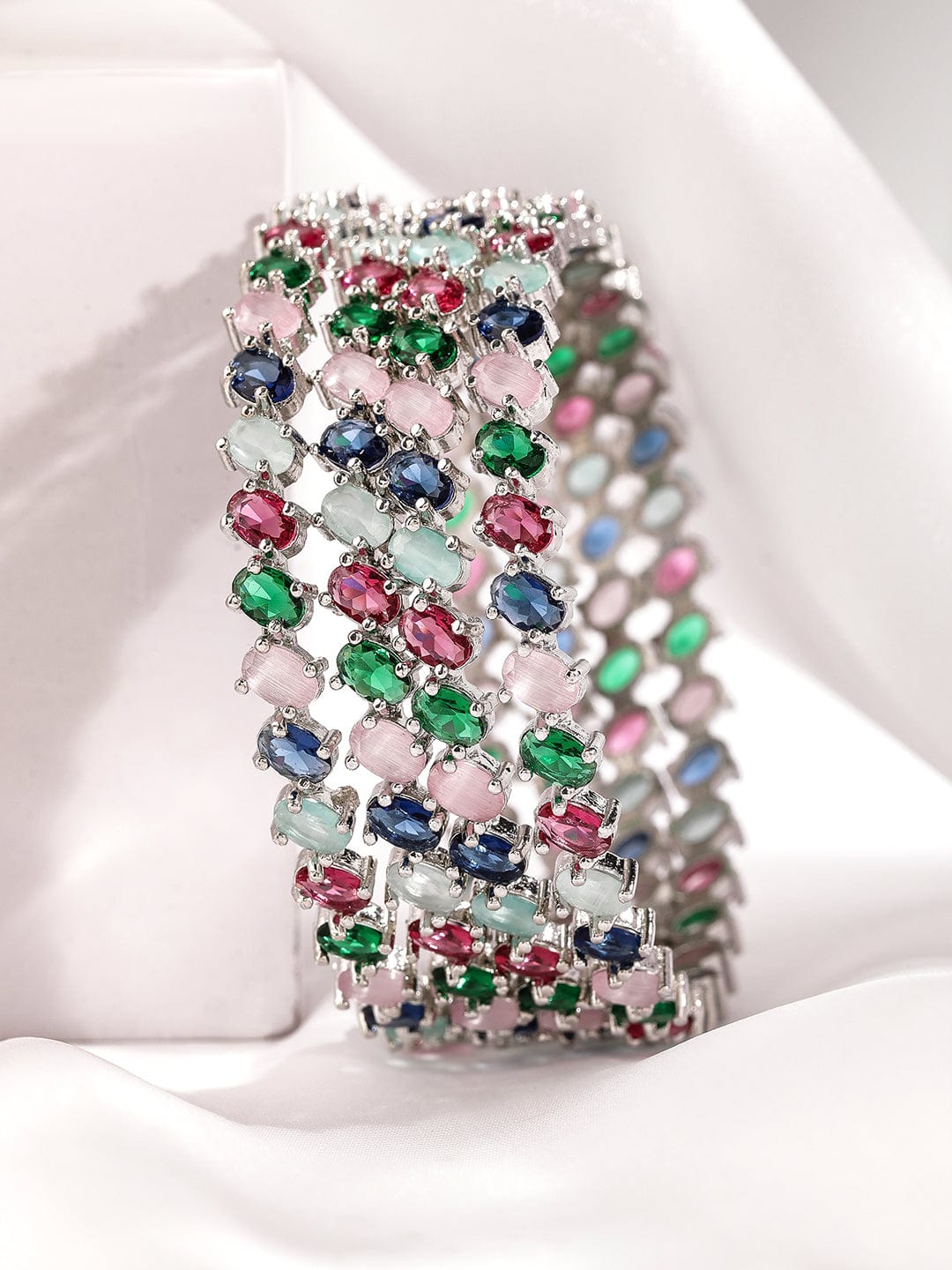 Set of 4 Rhodium-Plated Multicolor Gemstone Studded Traditional Bangles 2.6.