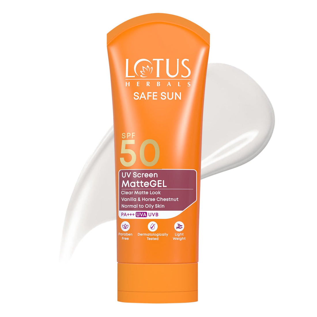 ロータスハーバルズ セーフサン UVスクリーン マットジェル SPF50 のチューブ
