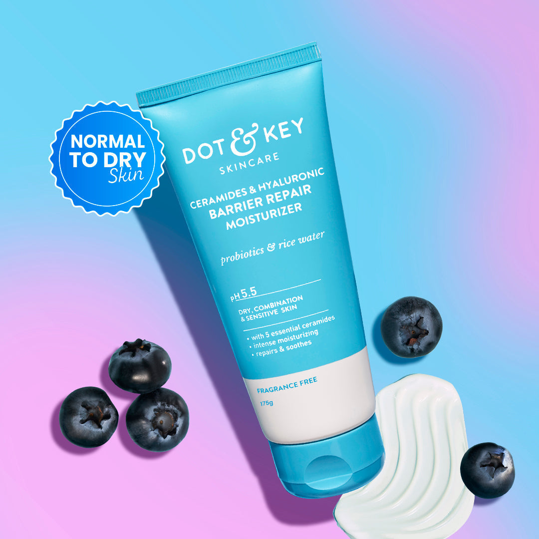 Dot & Key バリアリペア モイスチャライザー 100g の水色のチューブとブルーベリー