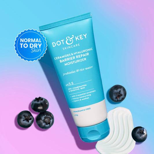 Dot & Key バリアリペア モイスチャライザー 100g の水色のチューブとブルーベリー