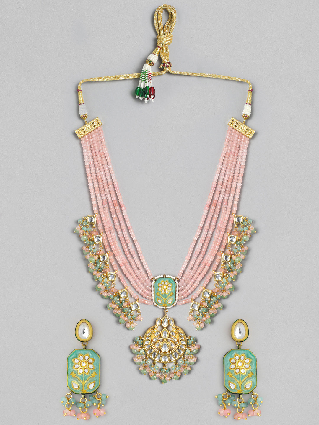 Rubans Gold Plated Handcrafted Enamel & Kundan Pink Beads Necklace Set Multicolor