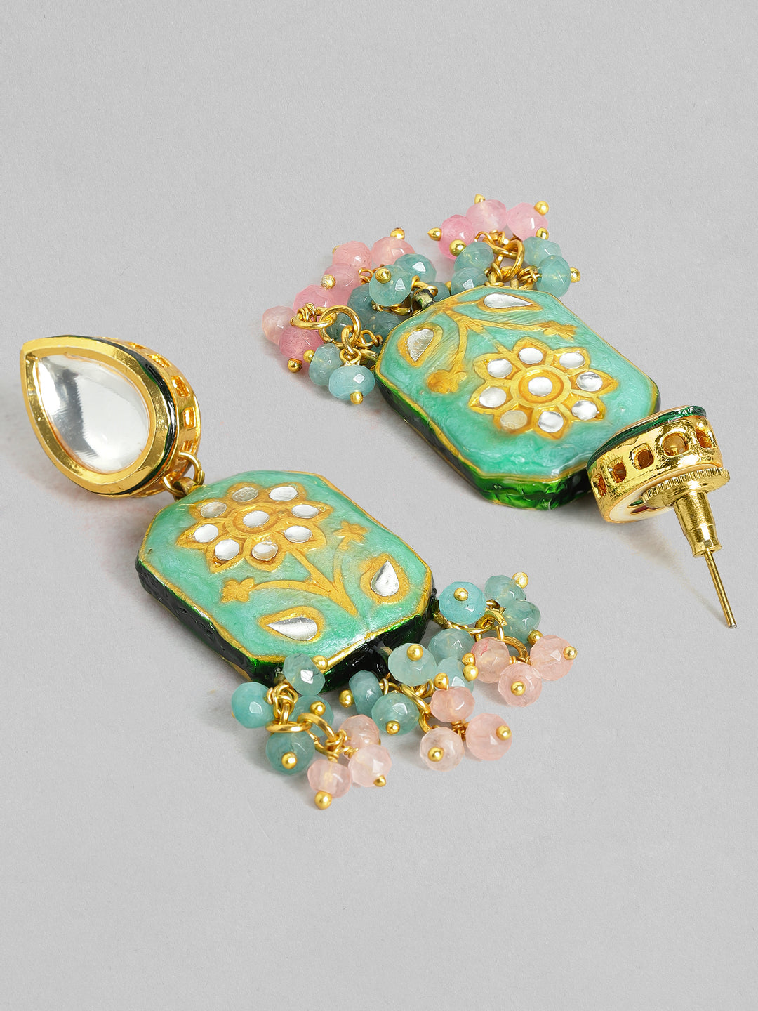 Rubans Gold Plated Handcrafted Enamel & Kundan Pink Beads Necklace Set Multicolor