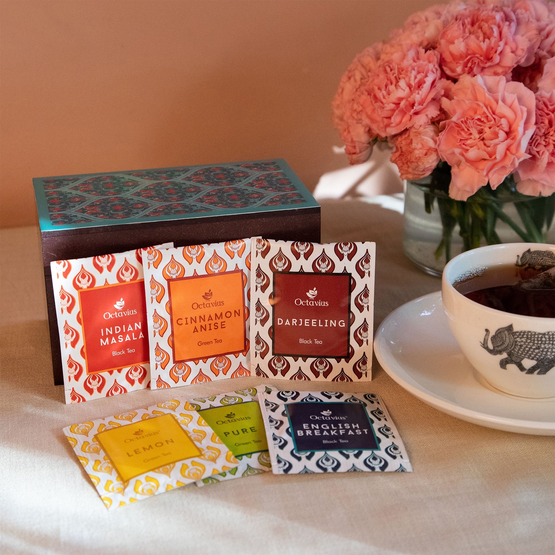 Assortment of Fine Teas- 30 Teabags in Ornate Floral Art Wooden Box 30teabags