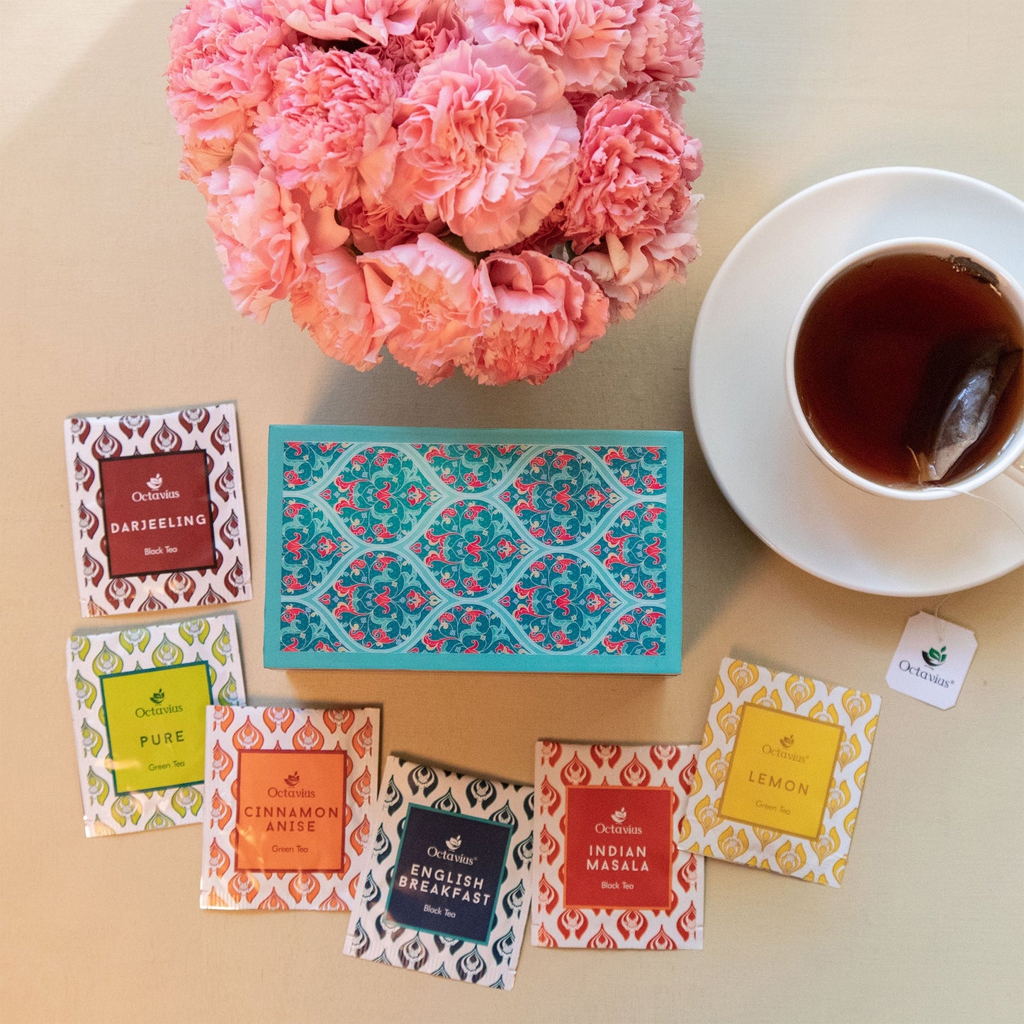 Assortment of Fine Teas- 30 Teabags in Ornate Floral Art Wooden Box 30teabags