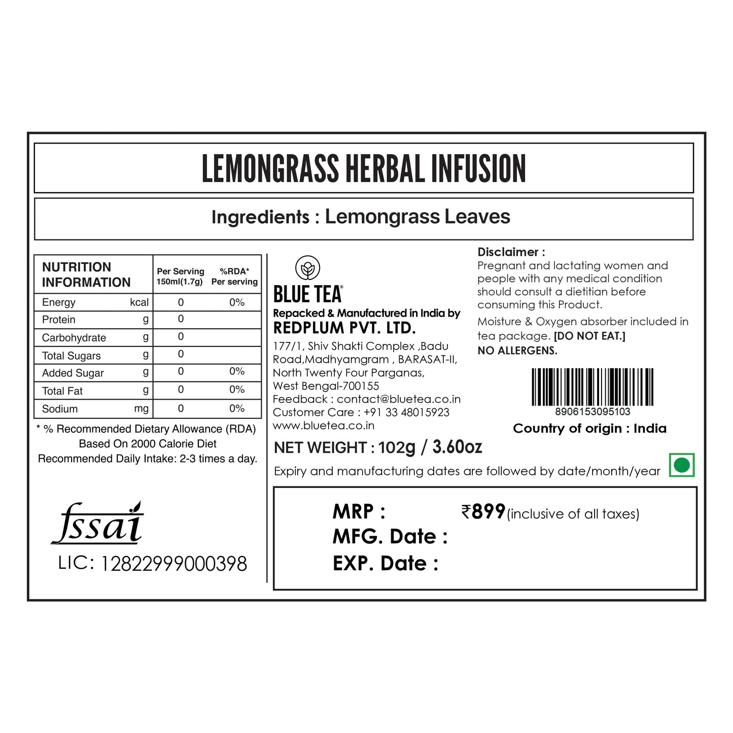 Lemongrass Herbal Tea - 60 Tea Bags 60 Tea Bags