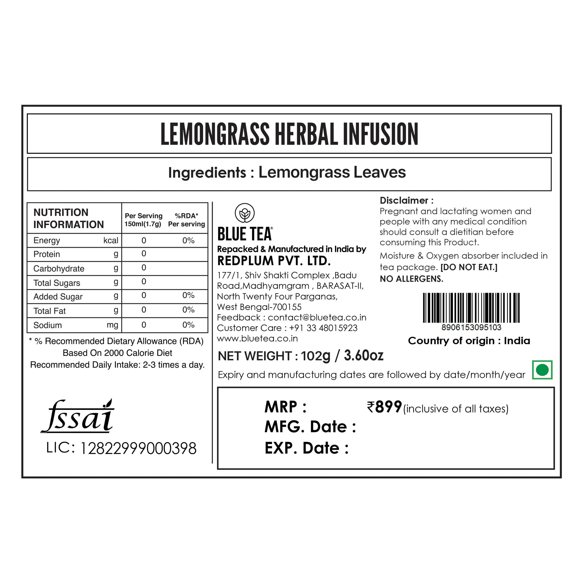 Lemongrass Herbal Tea - 60 Tea Bags 60 Tea Bags