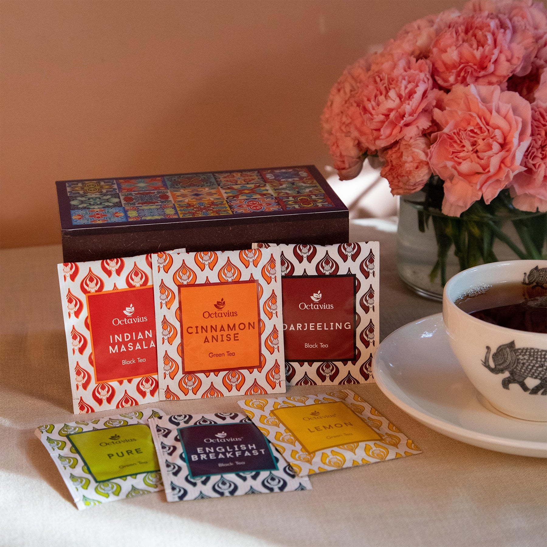 Assortment of Fine Teas- 30 Tea Bags in Tile Motif Wooden box 470g