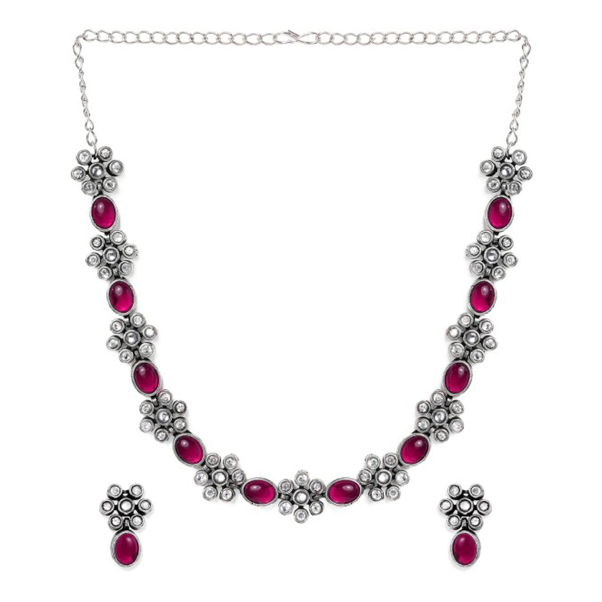 Rubans Oxidised Silver Plated Handcrafted Ruby Stone Necklace Set Silver