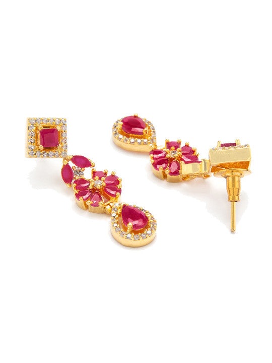 Rubans 22K Gold-Plated Ruby Pink & White Cubic Zirconia Studded Floral Drop Necklace Set Pink