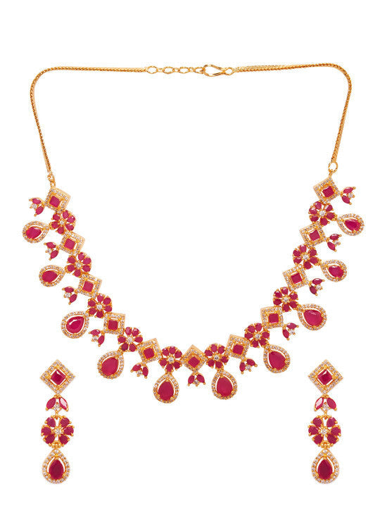 Rubans 22K Gold-Plated Ruby Pink & White Cubic Zirconia Studded Floral Drop Necklace Set Pink