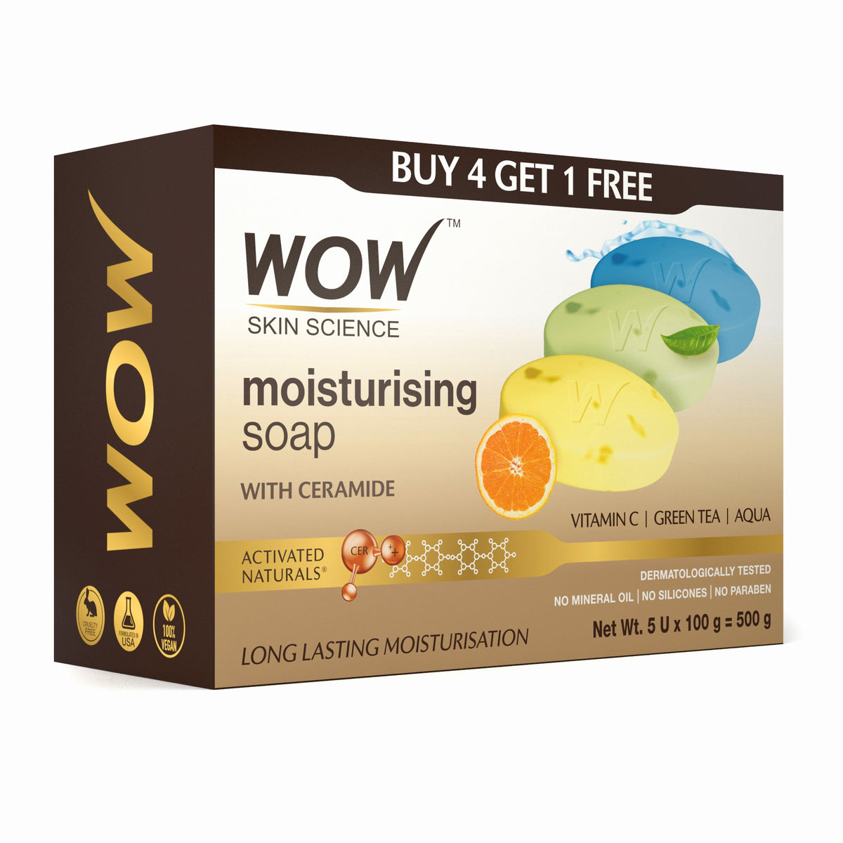 【WOW Skin Science】 Moisturizing Soaps with Ceramide - Vitamin C, Green Tea, Aqua - Pack of 5｜セラミド配合 モイスチャライジングソープ 3種アソート 5個セット｜500g