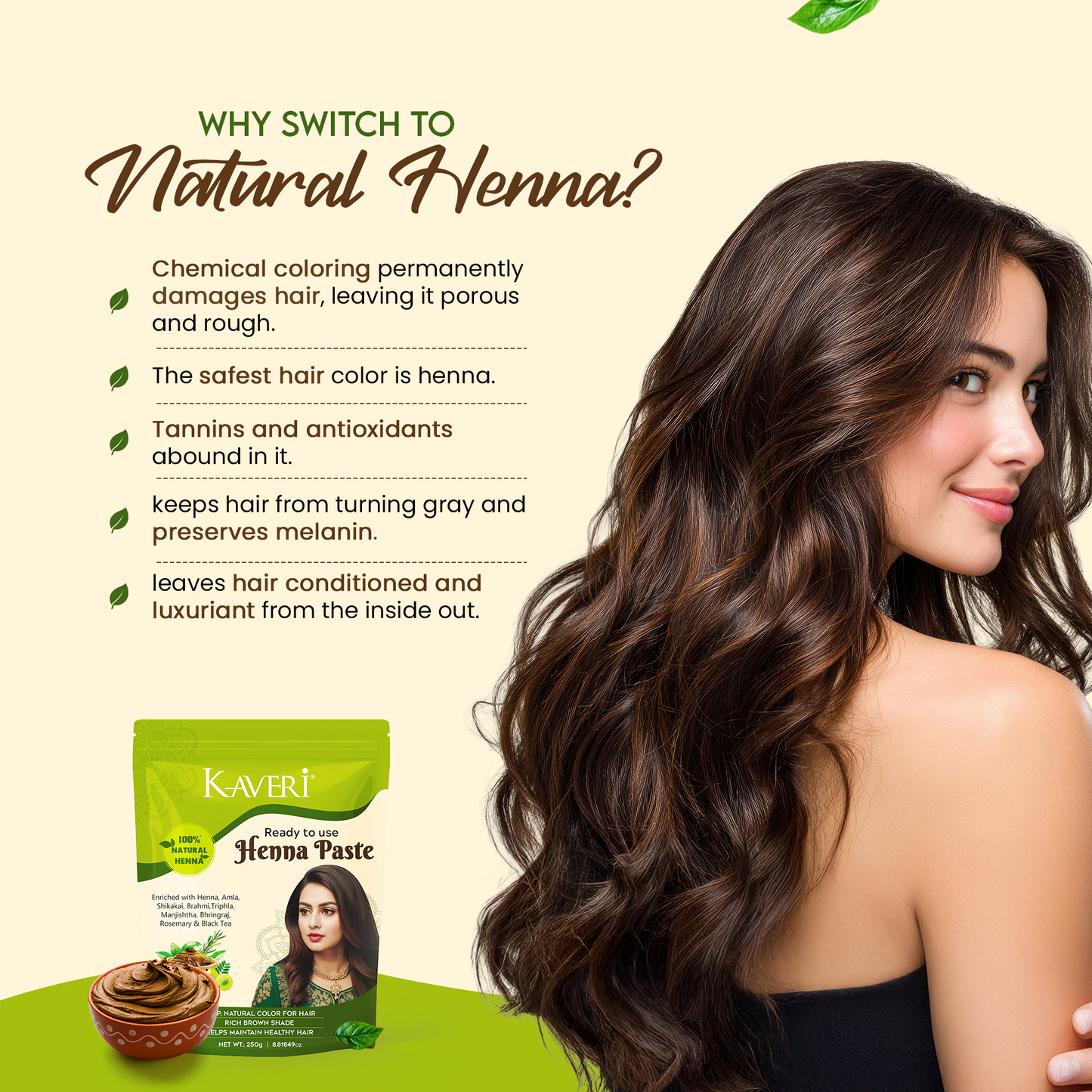KAVERI Ready to Use Henna Paste for Hair – Natural Hair Color with Henna, Amla & Shikakai – Rich Brown Shade – 250g 250g