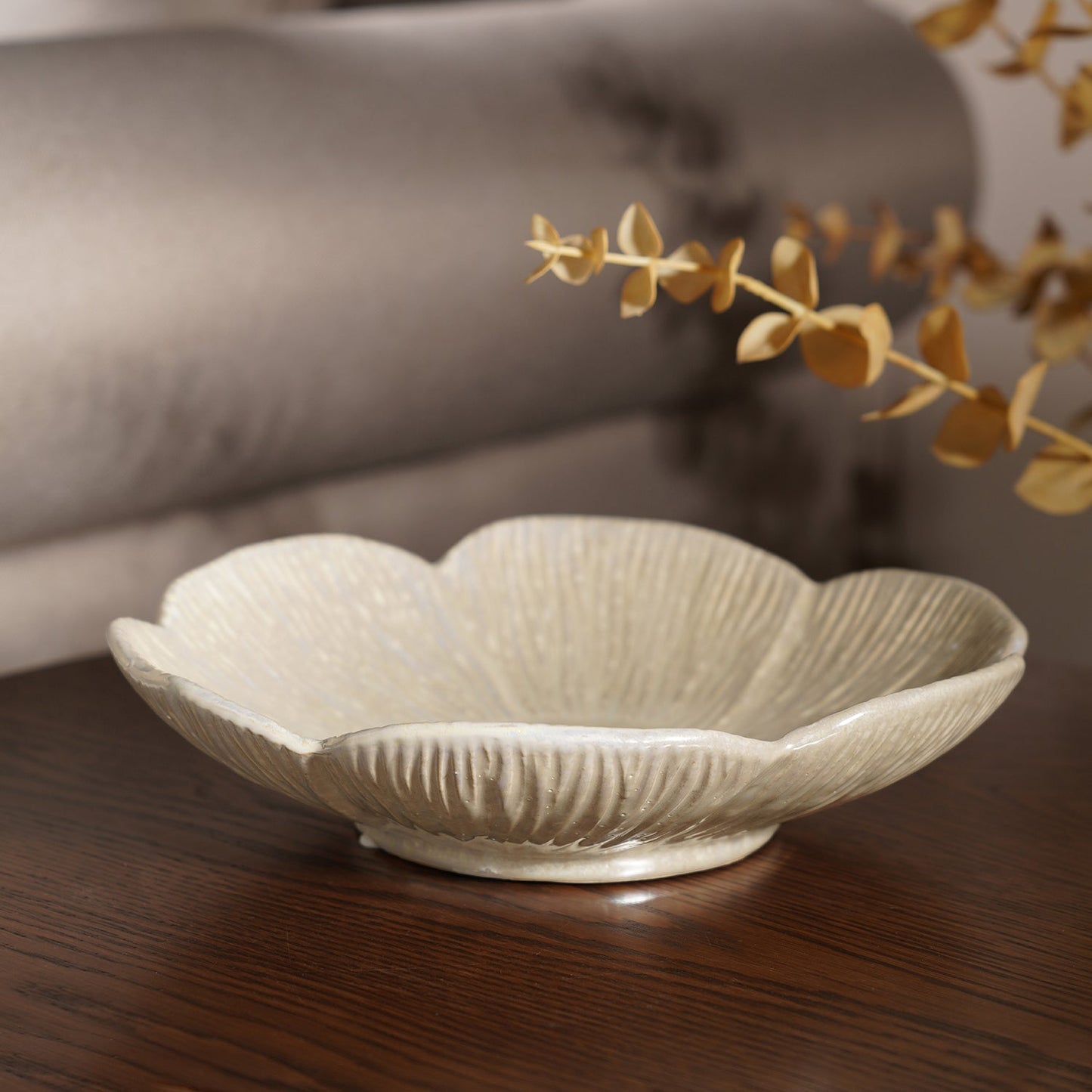 White Floral Glazed Ceramic Platter - Medium