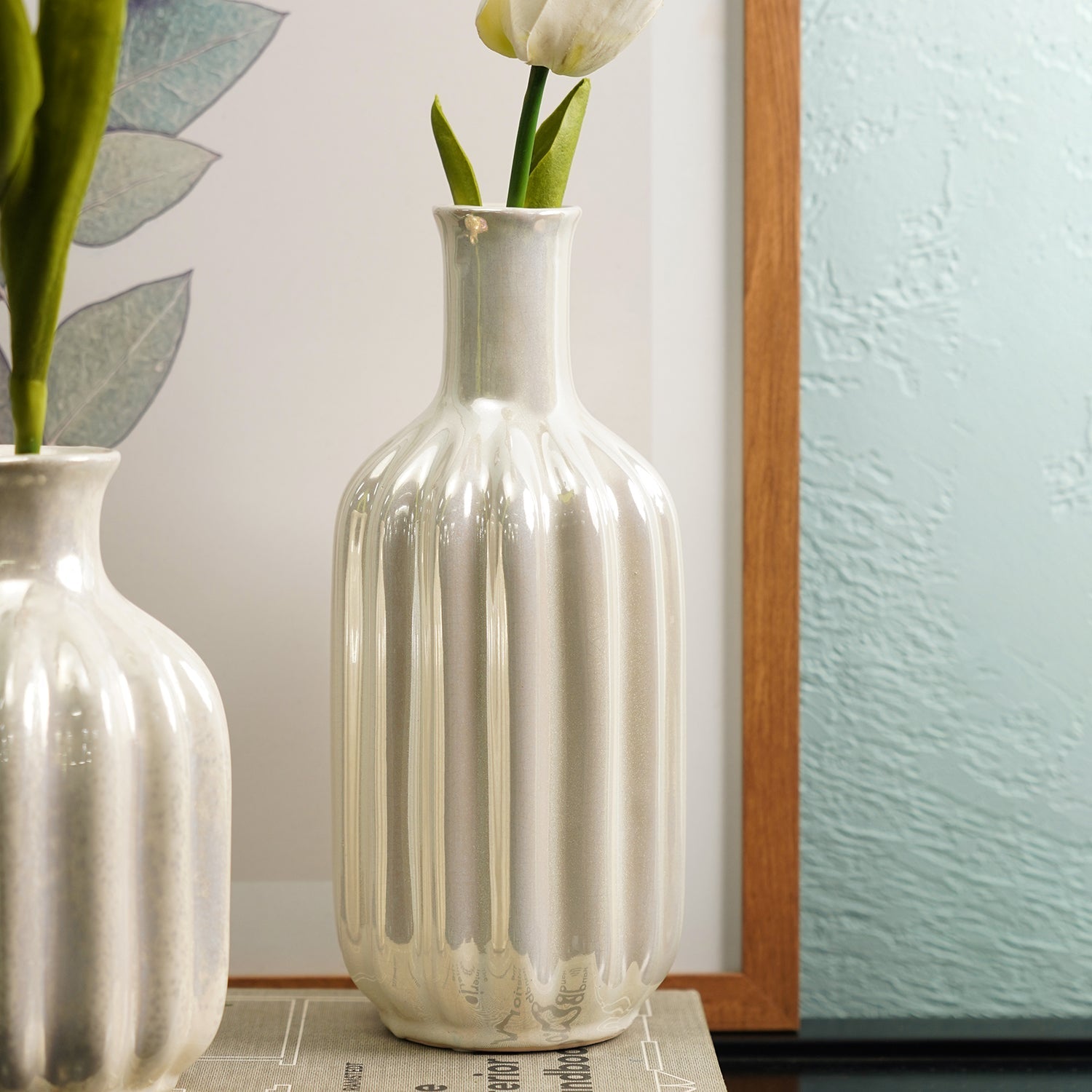 Ivory Pearl Finish Ribbed Ceramic Vase - Small