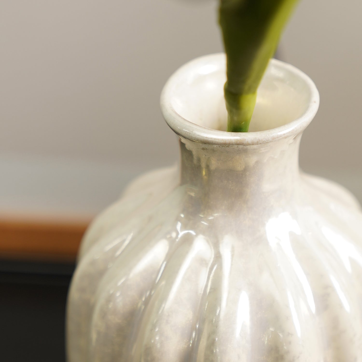 Ivory Pearl Finish Ribbed Ceramic Vase
