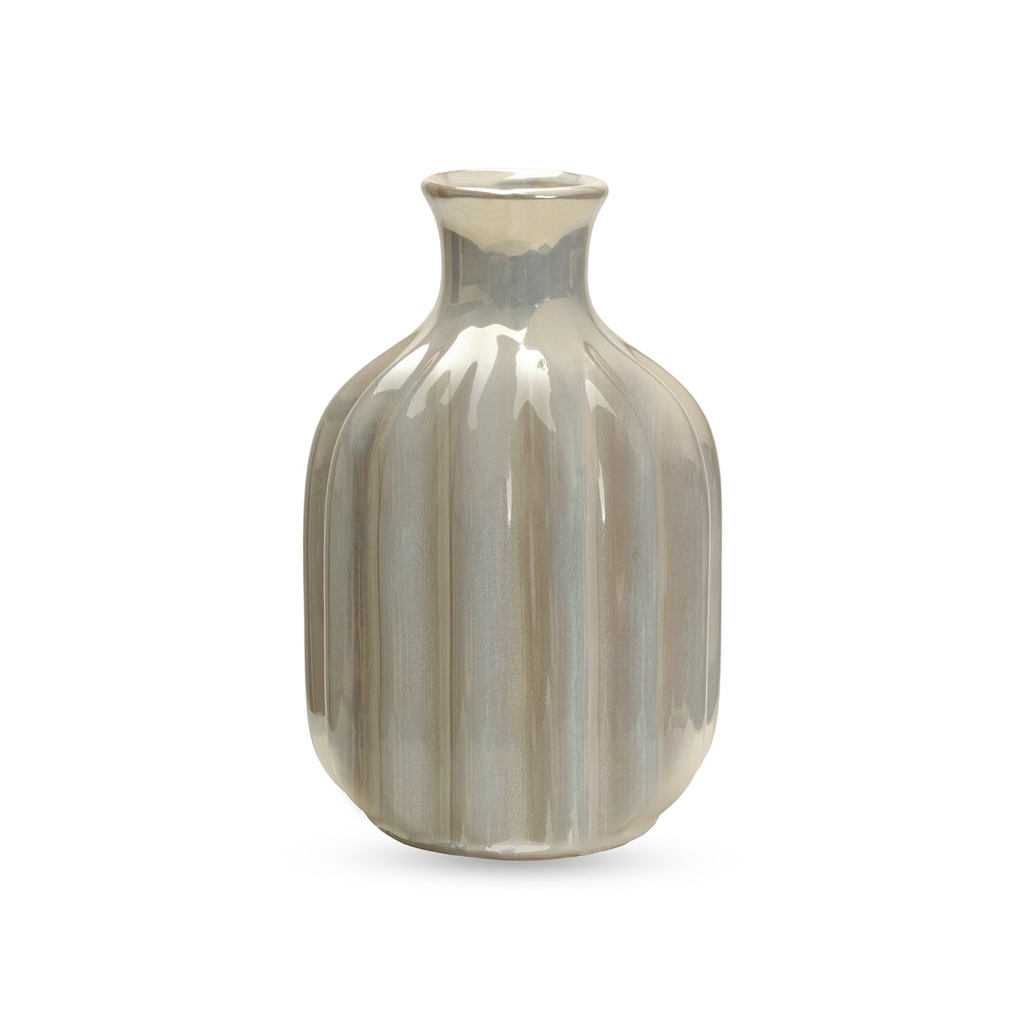Ivory Pearl Finish Ribbed Ceramic Vase
