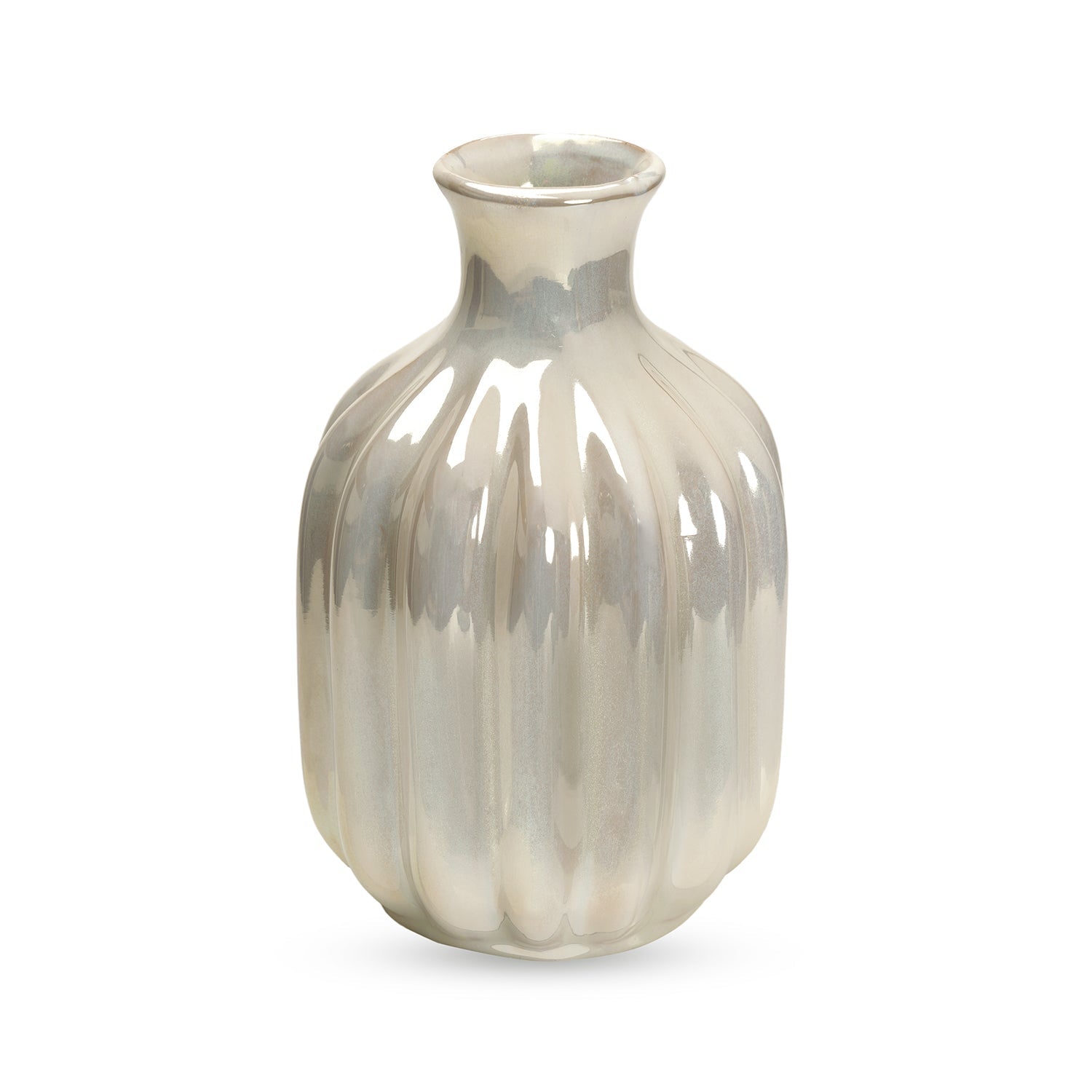 Ivory Pearl Finish Ribbed Ceramic Vase
