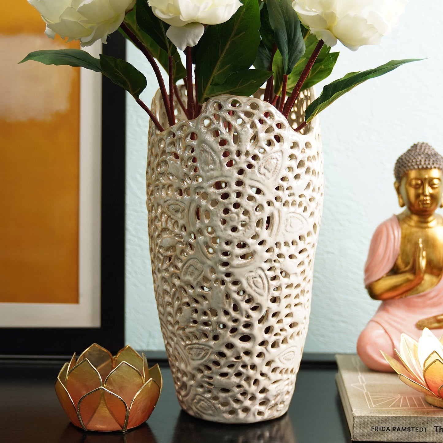 Ivory Pearl Finish Lattice Ceramic Vase - Large