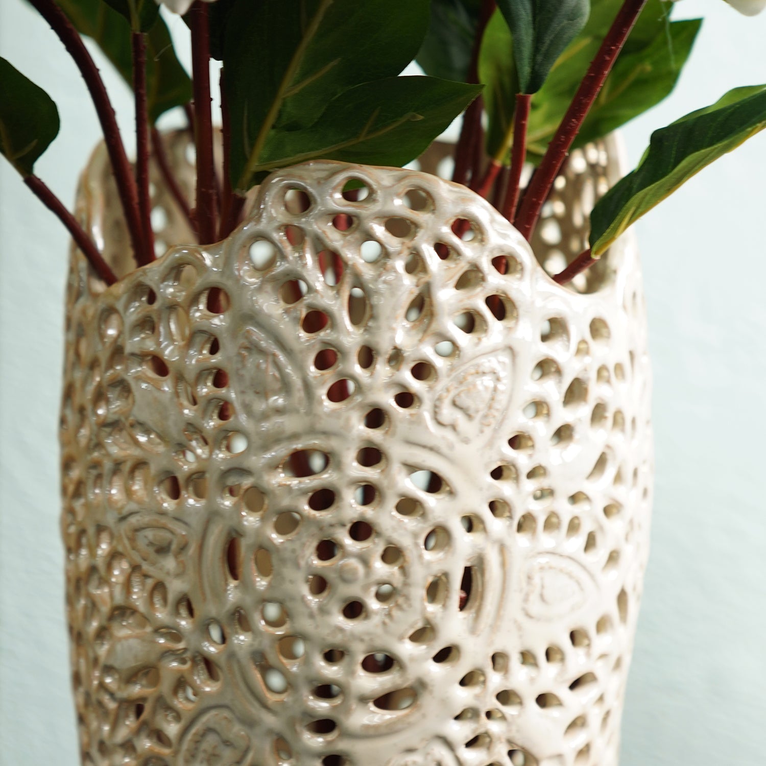 Ivory Pearl Finish Lattice Ceramic Vase - Large