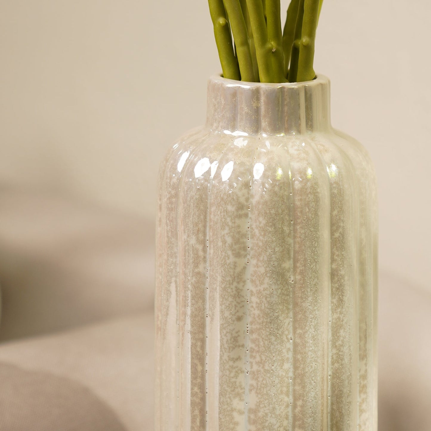 Ivory Pearl Finish Tall Ribbed Vase - Medium