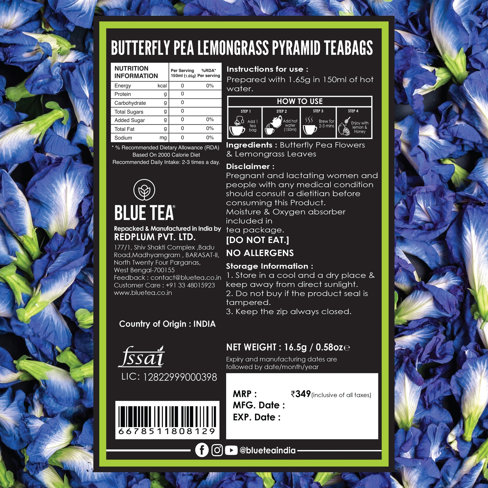 Butterfly Pea Lemongrass |20 Pyramid Teabags 20 Tea Bags