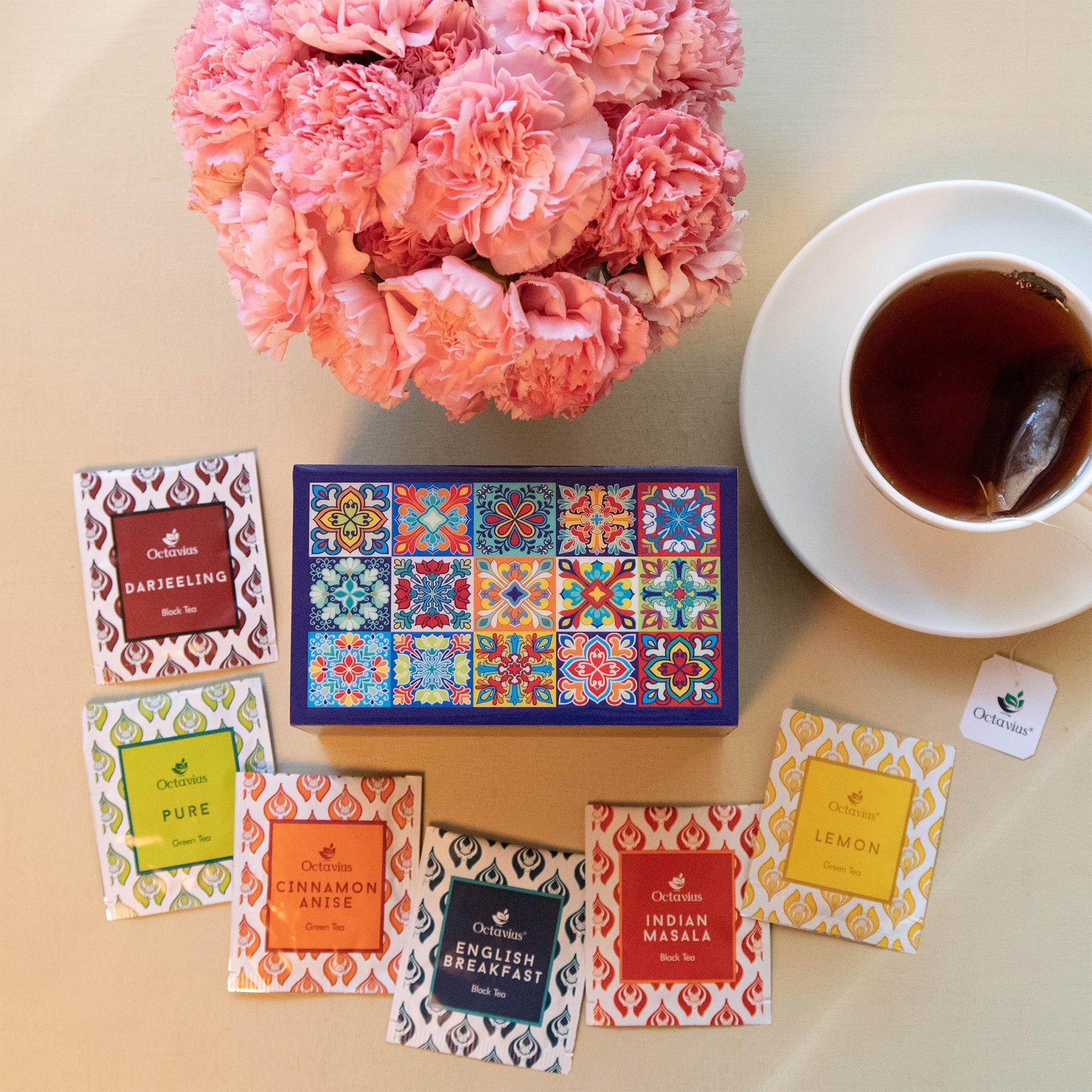 Assortment of Fine Teas- 30 Tea Bags in Tile Motif Wooden box 470g