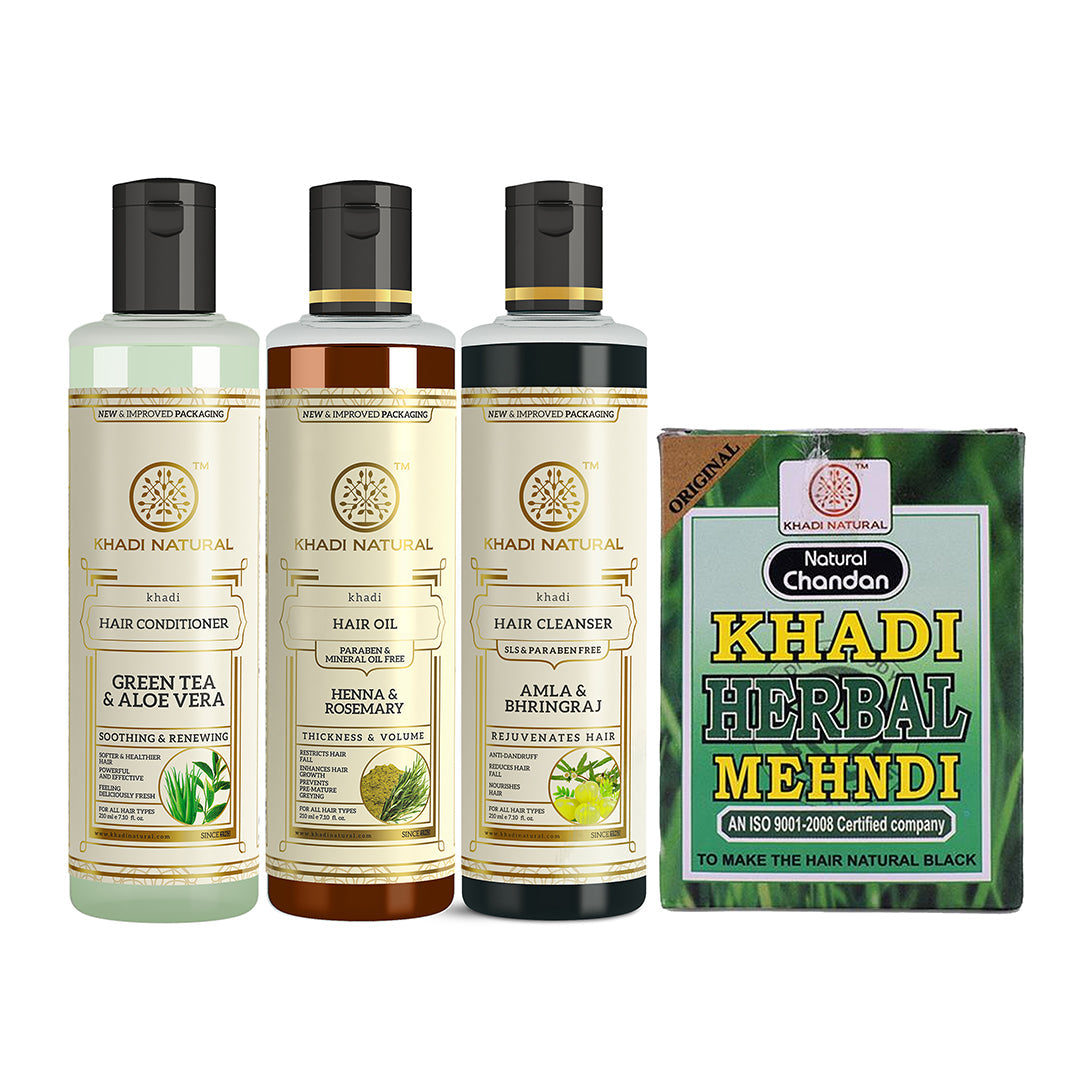 Black Mehndi, Amla & Bhringraj Hair Cleanser, Henna Rosemary with Green Tea Aloe Vera Conditioner Combo (Set of 4) 250g