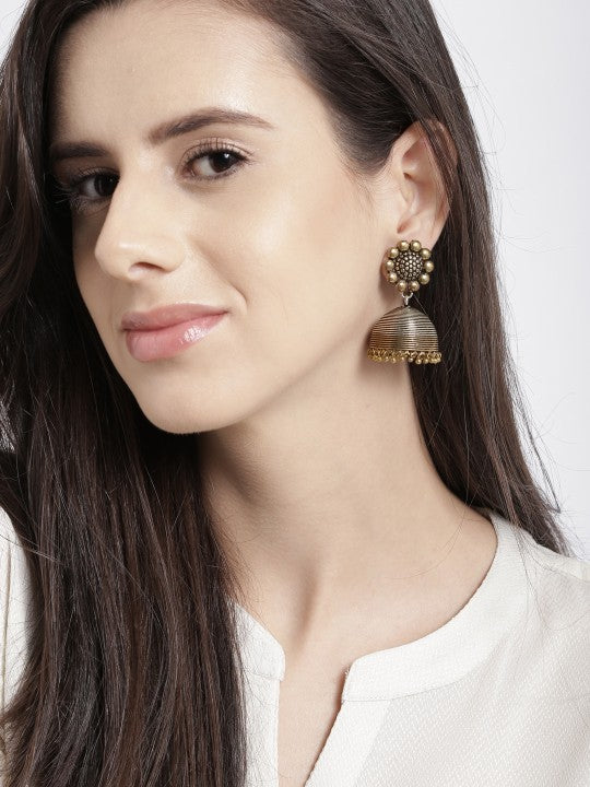 Rubans Oxidised Silver & Antique Gold-Toned Dome-Shaped Jhumkas Gold
