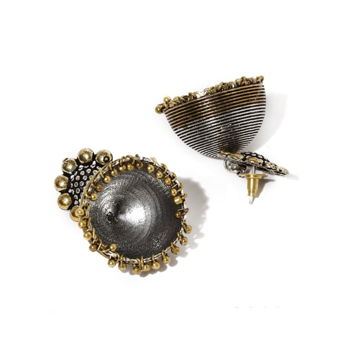 Rubans Oxidised Silver & Antique Gold-Toned Dome-Shaped Jhumkas Gold