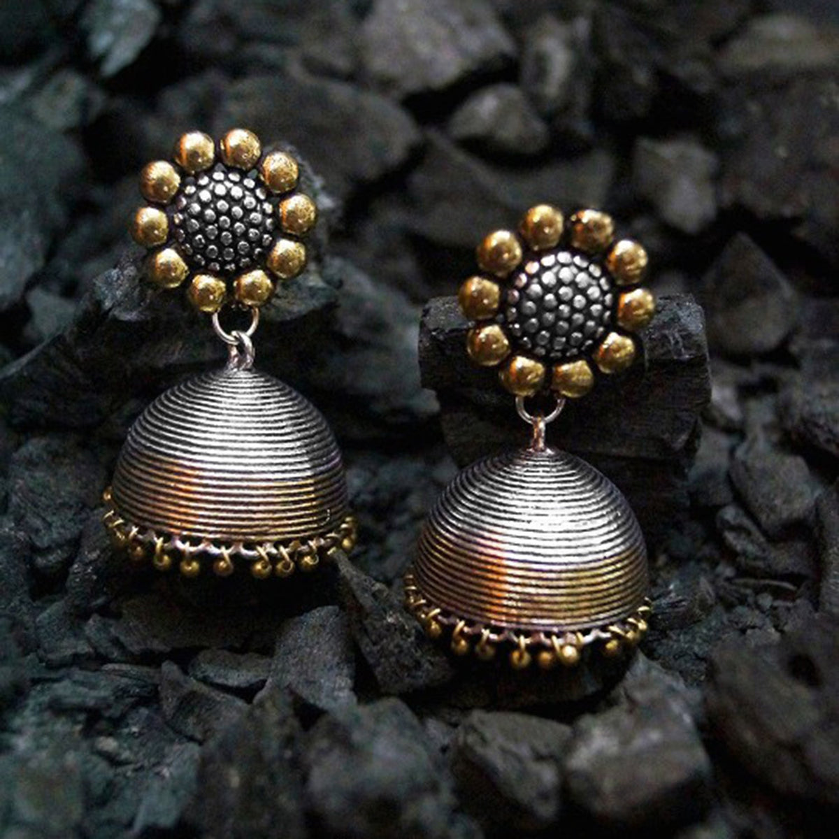 Rubans Oxidised Silver & Antique Gold-Toned Dome-Shaped Jhumkas Gold