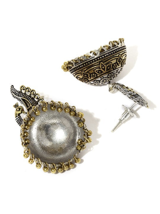 Rubans Oxidized Dual Tone Peacock Stud Metal Jhumki Earring Gold