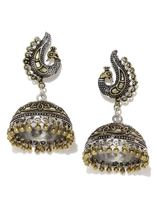 Rubans Oxidized Dual Tone Peacock Stud Metal Jhumki Earring Gold